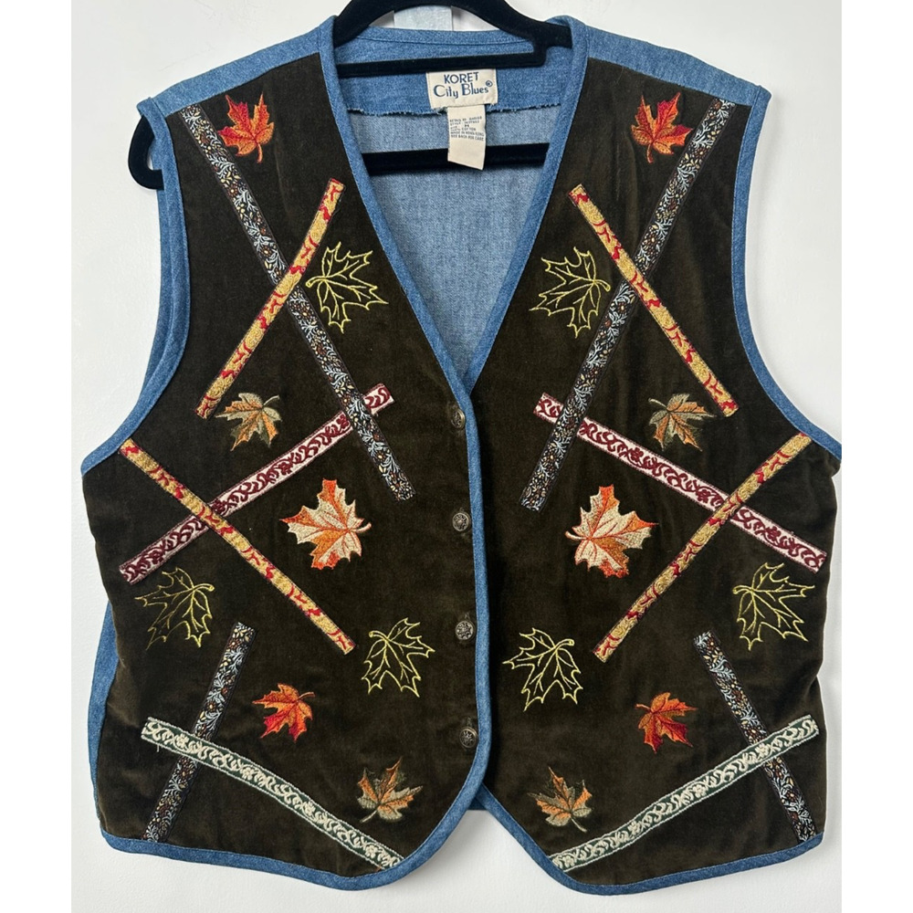 VTG Koret City Blues Velvet Denim Vest Womens M Autumn Embroidered Leaves D44